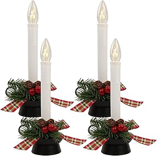 4-Pack Traditional Flameless Window Candles with Auto Timer (6H On/18H Off), Battery Operated LED Taper Candles with Classic Pewter Base for Christmas, Holiday & Welcoming Home Décor