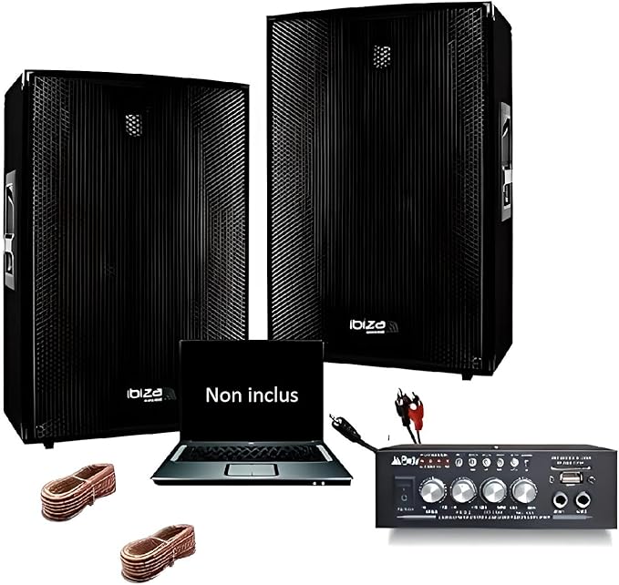 IBI - Pack Sono 600 avec 2 Enceintes Sono 300w + Mini ampli USB Bluetooth idéal Petite soirée en Famille, Anniversaire Fiesta