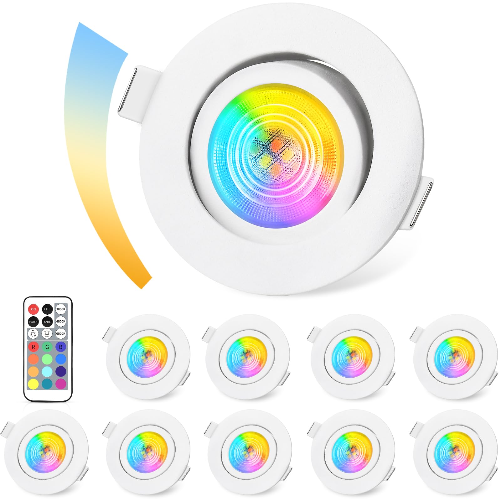 GeyouLux Foco LED Empotrable Regulable RGB, IP44 Aluminio, Foco LED 230V 68mm, 5W 3CCT, Focos Empotrados Orientables 38°+ 45°, Focos de Techo Blancos con Control Remoto IR para Baño, 10 Piezas