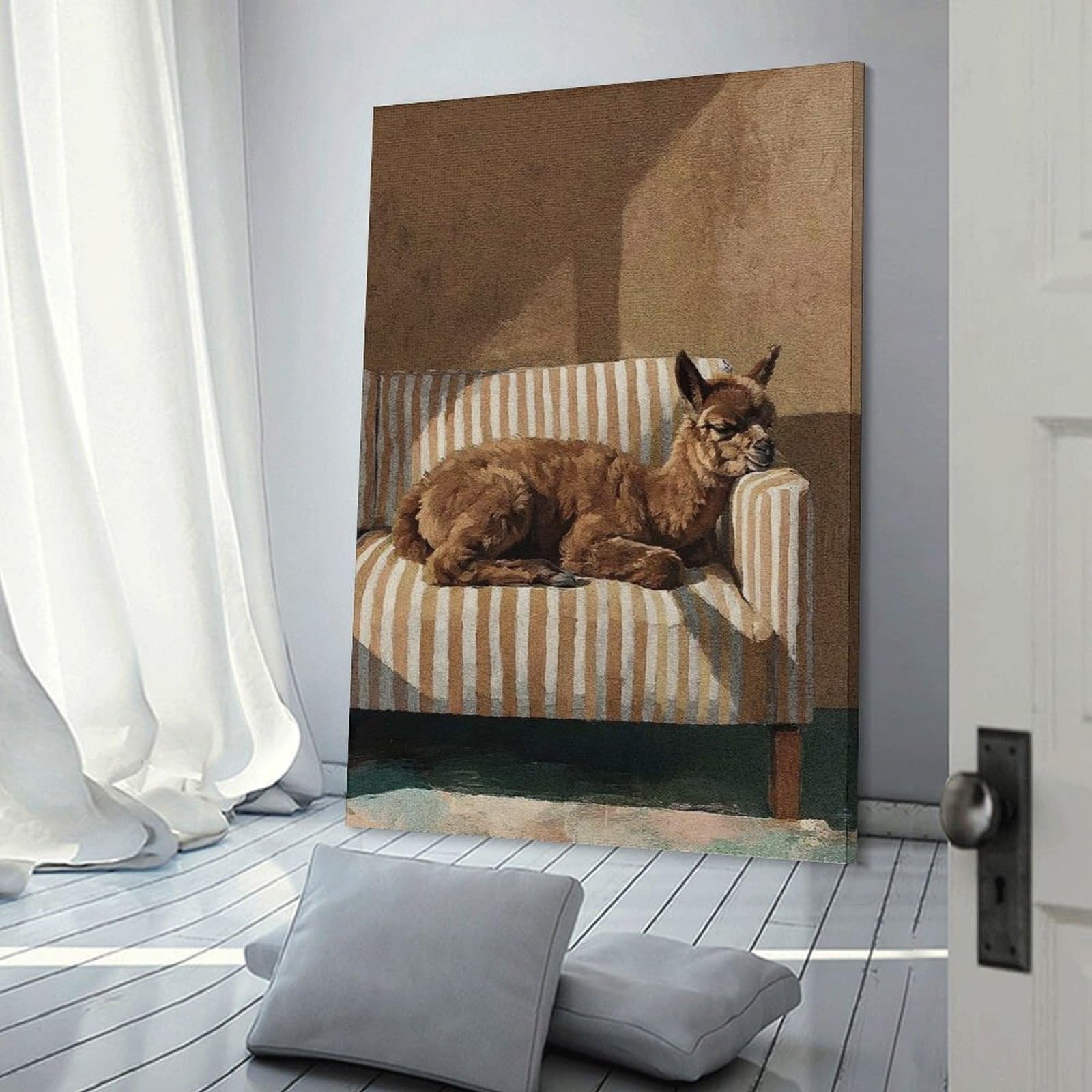Junmoney Resting Alpaca on Striped Couch Wall Decor Canvas Print, 24x36inch(60x90cm), for Wall Displays, Bedrooms Or Room Updates, Wall Decor Suited to Curated Displays