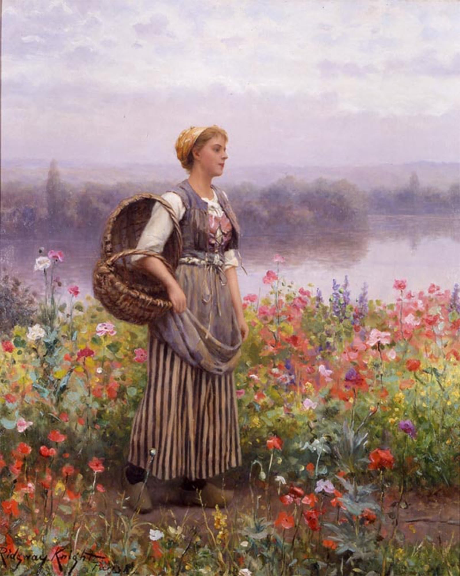 Artxlxxbn Girls No Frame Famous Prints Artwork Pictures Poster Painting Art The Flower By Daniel Ridgway Knight Artwork Landscape Pictures For Home Decor 60X90cm