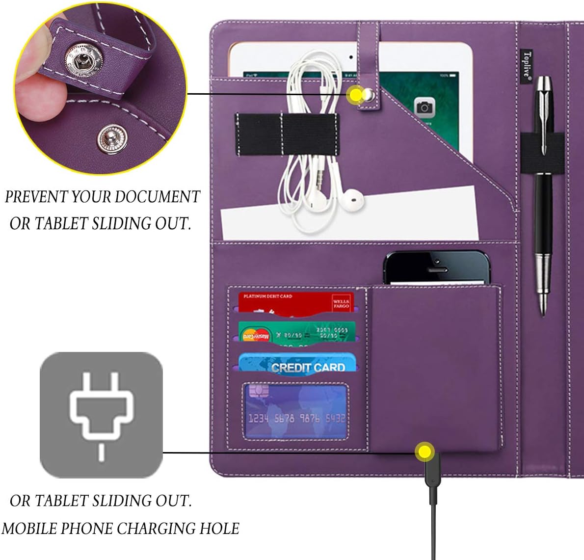 Toplive Portfolio Case Padfolio, Executive Business Document Organizer with Letter Size Clipboard, Business Card Holder, Tablet Sleeve, for Business School Office Conference, Purple