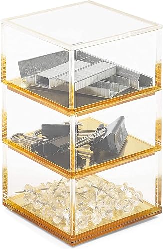 Okuna Outpost Organizador de escritorio acrílico apilable de 3 niveles con fondo dorado, transparente (3 x 3 x 5.3 pulgadas)