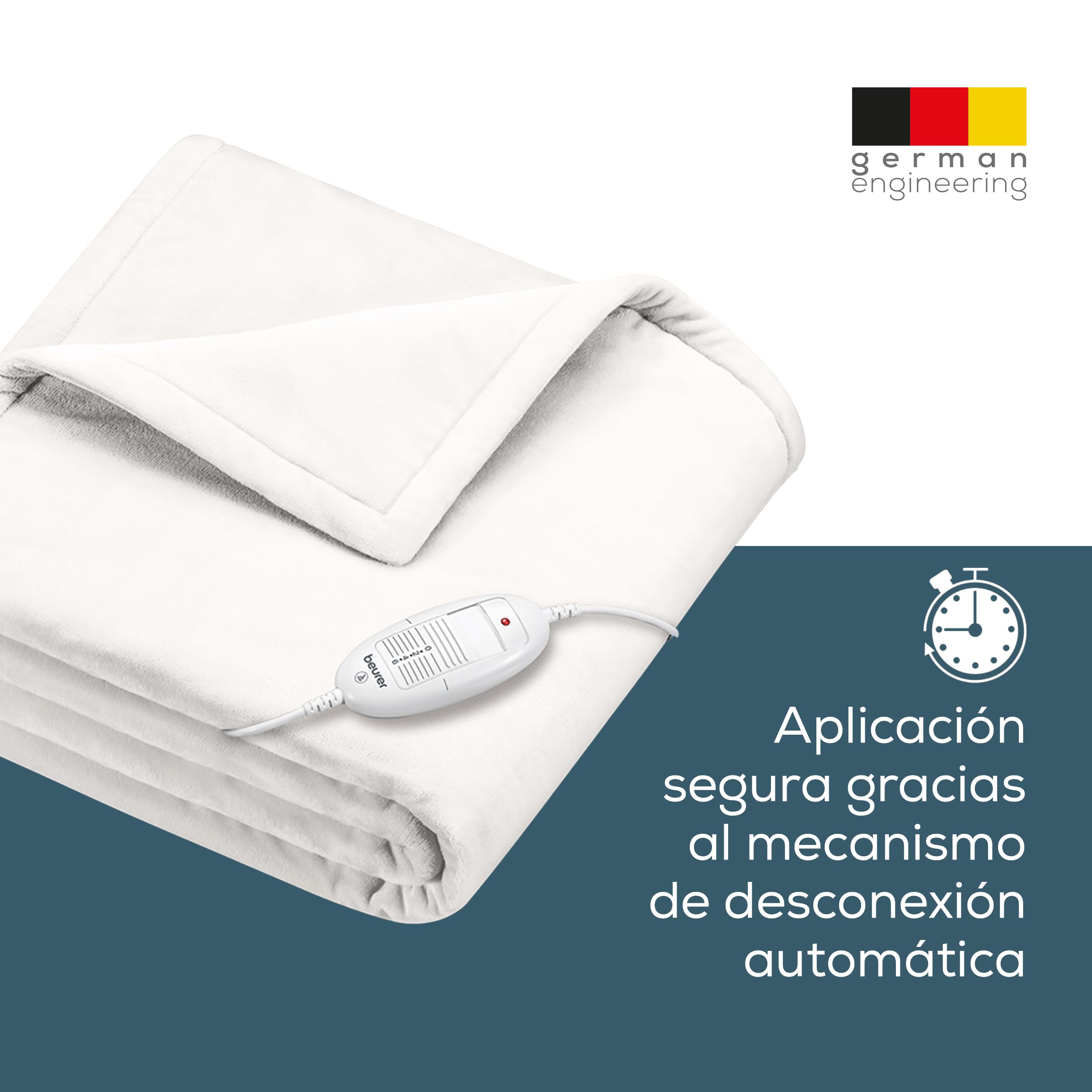 Beurer HD 75 manta eléctrica, manta de peluche de material polar, 6 ajustes de temperatura con un sistema de seguridad y desconexion automatica, lavable a máquina, blanca, 180 x 130 cm