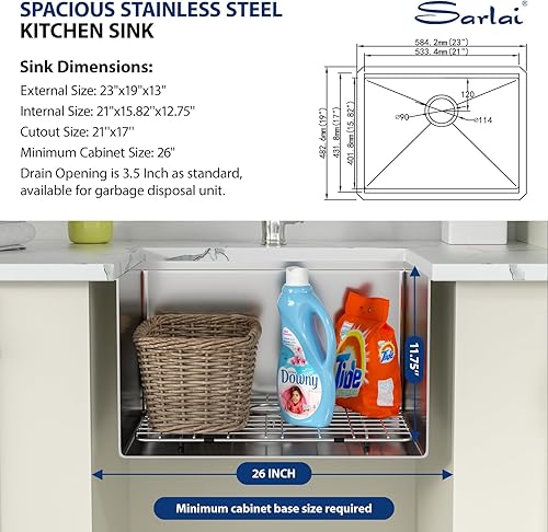 Miniatura 98 de Sarlai Fregadero de cocina de montaje inferior 21 x 19 pulgadas, repisa de fregadero de barra de montaje inferior, estación de trabajo, cuenco Acero