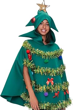Christmas Tree Dress Poncho Costume 3D Hooded Christmas Tree Costume Cloak Xmas Cosplay Dress Up Outfit for Women, L Fancy Cosplay Costumes for Women Adult