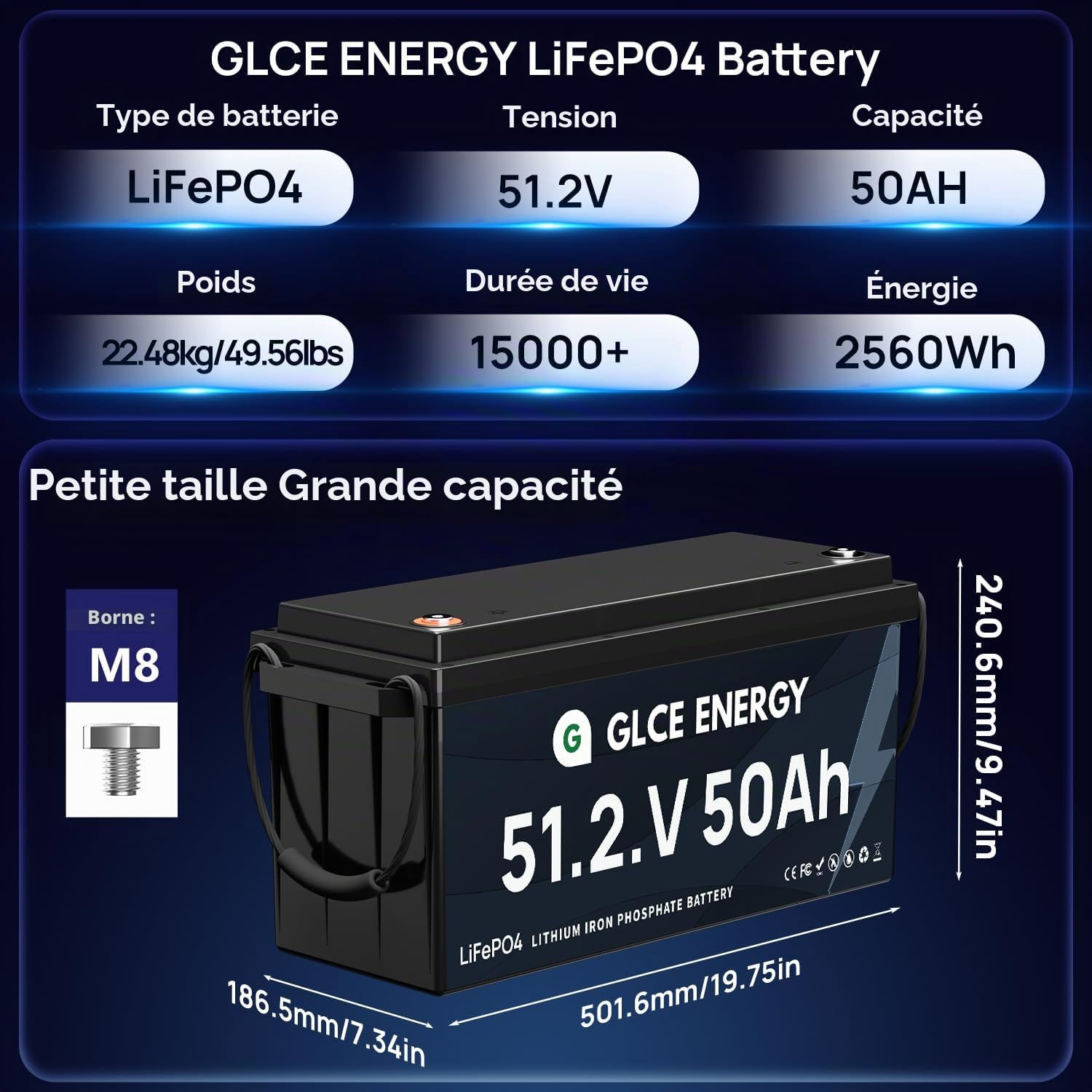 Batterie LiFePO 48V(51.2V) 50Ah avec BMS Bluetooth 100A | 4500-15000 Cycles, Haute capacité 2560 Wh | Batterie à Cycle Profond pour Camping-Cars, installations solaires