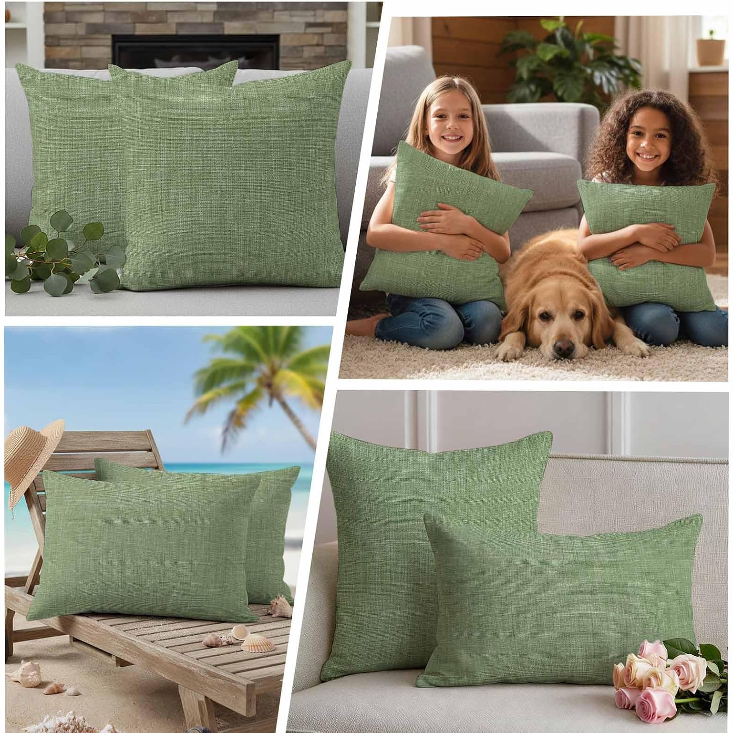 Outdoor Waterproof Throw Pillow Covers Set of 2 Sage Green Linen Lumbar Pillowcases 20x12 Inches Farmhouse Pure Color Decorative Pillows Cushion Case Patio Pillows for Couch Bed Chair Garden