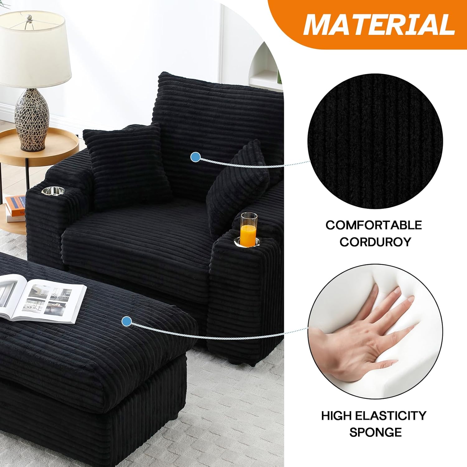 Oversized Chaise Lounge Chair Indoor, 70.8" Corduroy Upholstered Modern Loveseat Sofa with 2 Pillows, Comfy Sleeper & Reading Chair, Fluffy Cloud Couch for Living Room & Office