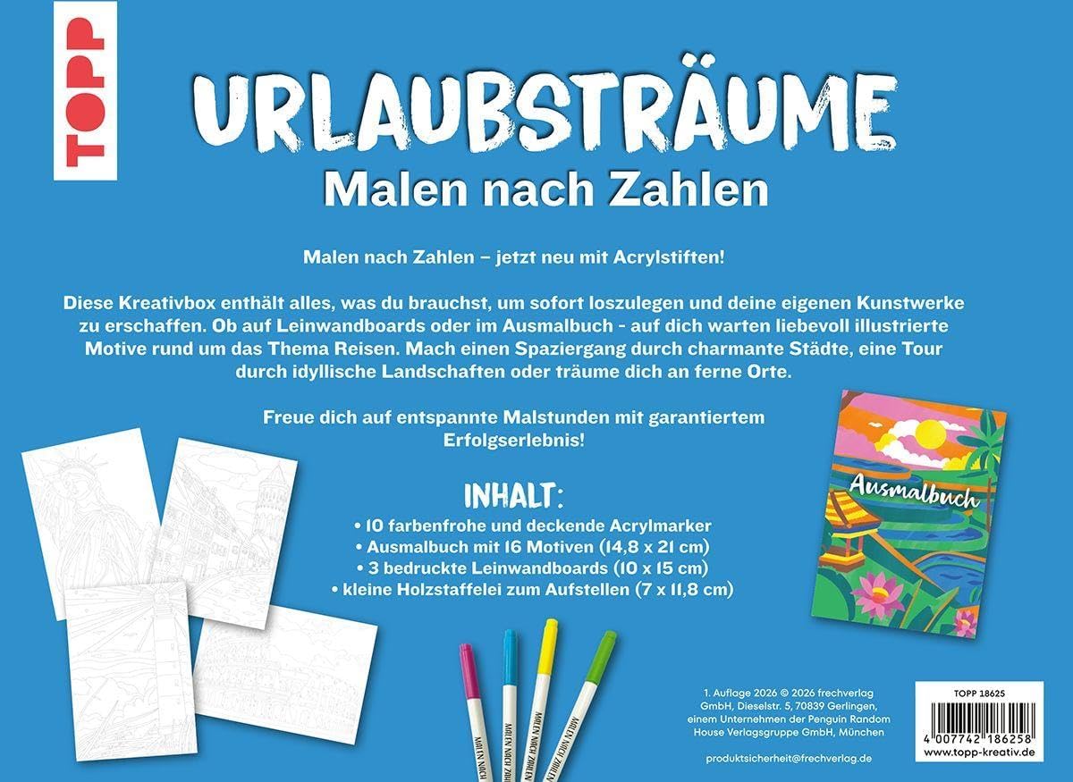 Die wunderbare Kreativbox Painting by Numbers - Holiday Dreams: Colouring Book (32 Pages), Mini Easel, 3 Canvases, 10 Acrylic Markers