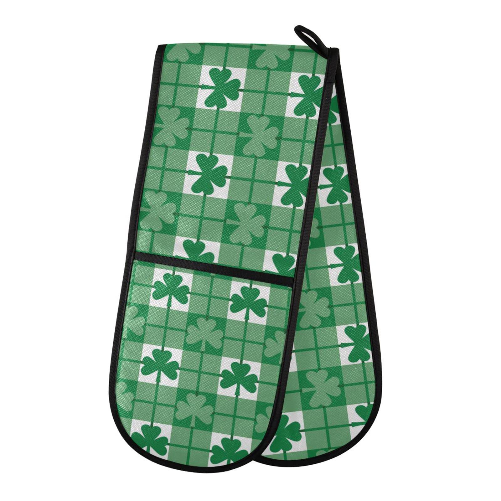 Double Oven Glove Green Plaid Shamrocks Heat Resistant Double Ovens Mitt Modern Cooking Gloves Potholders โ image 1