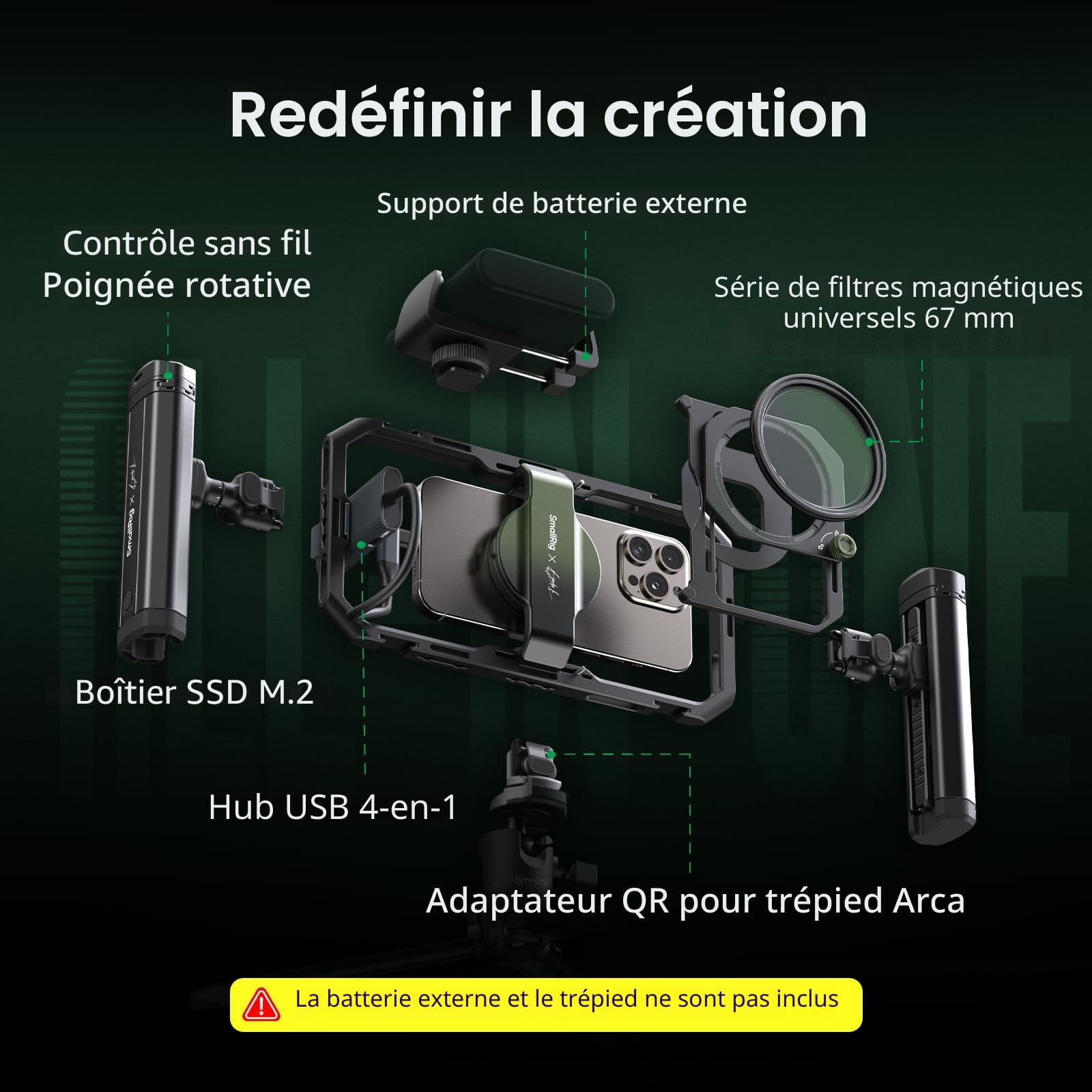 SMALLRIG x Brandon Li Kit Vidéo Mobile Tout-en-Un, Kit de Montage Vidéo Universel à Dégagement Rapide pour iPhone 17 pour Samsung, avec Filtre VND 67 mm, Poignées Rotatives sans Fil pour SSD M.2-4596B