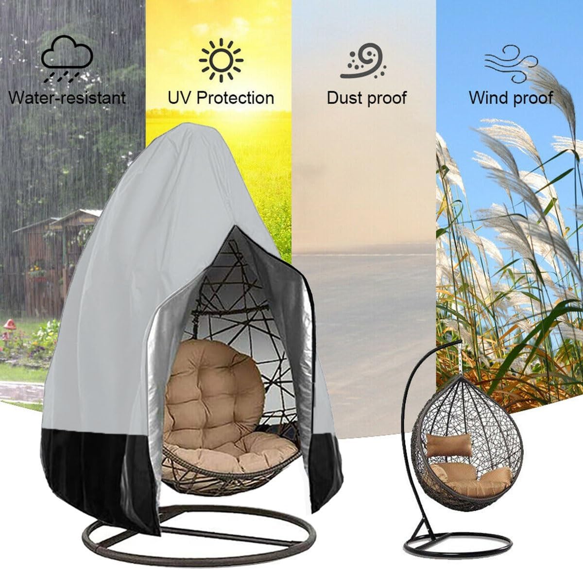 Patio Hanging Egg Chair Cover, Wicker Egg Swing Chair Covers, Wind-Proof Swing Egg Chair Cover with Bottom Buckle, Patio Egg Chair Covers, Windproof Hanging Chair Cover(Brown,232x203cm(91x80 inches))