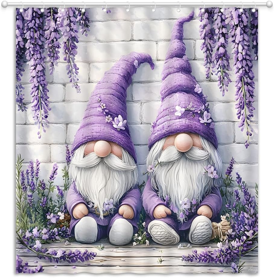 Purple Floral Gnomes Shower Curtain Farmhouse Lavender Spring Flowers Fabric Bathroom Decor Curtains with Hooks, 78" Wx70 H