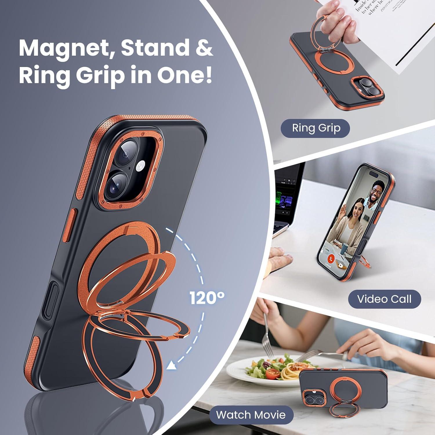 Strong Magnetic Case for iPhone 17 (6.3", 2025) with Stand, Drop-Proof Bumper Cover with Contrast Color Border, Military-Grade Drop Protection, Shockproof Slim Thin Cover,Orange