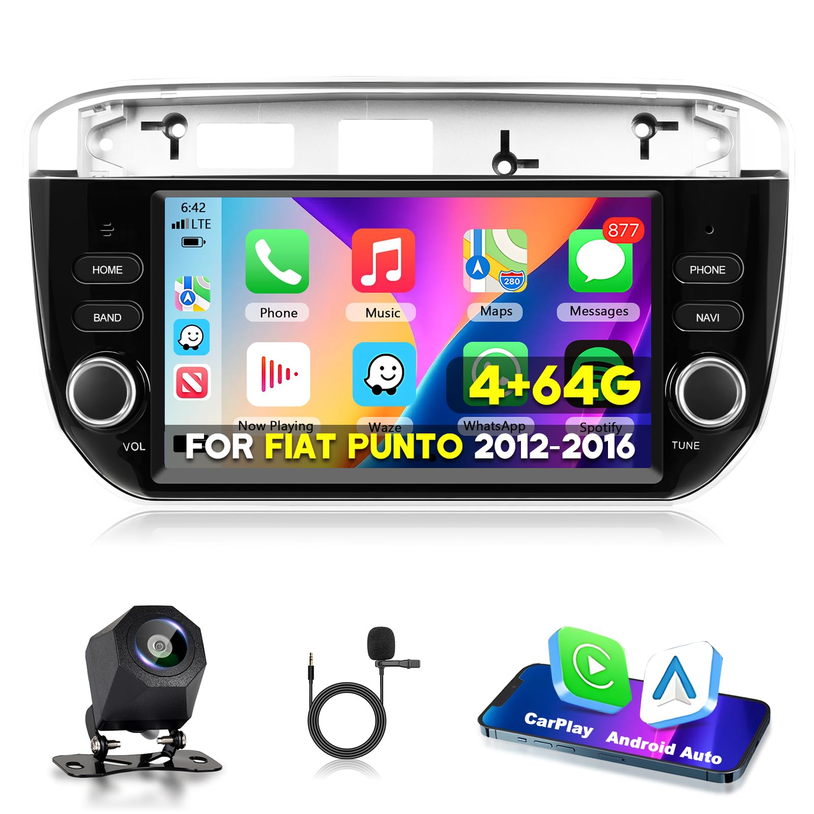 4GB+64GB Carplay Autoradio per Fiat Punto 2012-2016 - Wireless Android Auto Car Stereo Schermo con GPS Navigation WiFi Bluetooth RDS/FM Radio SWC USB Mirror Link Canbus & Telecamera