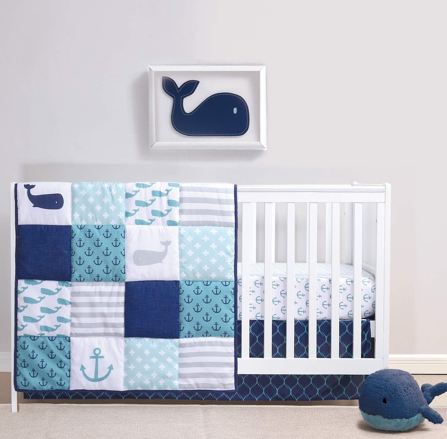 The Peanutshell 3 Piece Baby Crib Bedding Set for Boys - Newborn, Infant & Toddler Nursery Bed Set Decor with Fitted Crib Sheet, Dust Ruffle Comforter - Nautical