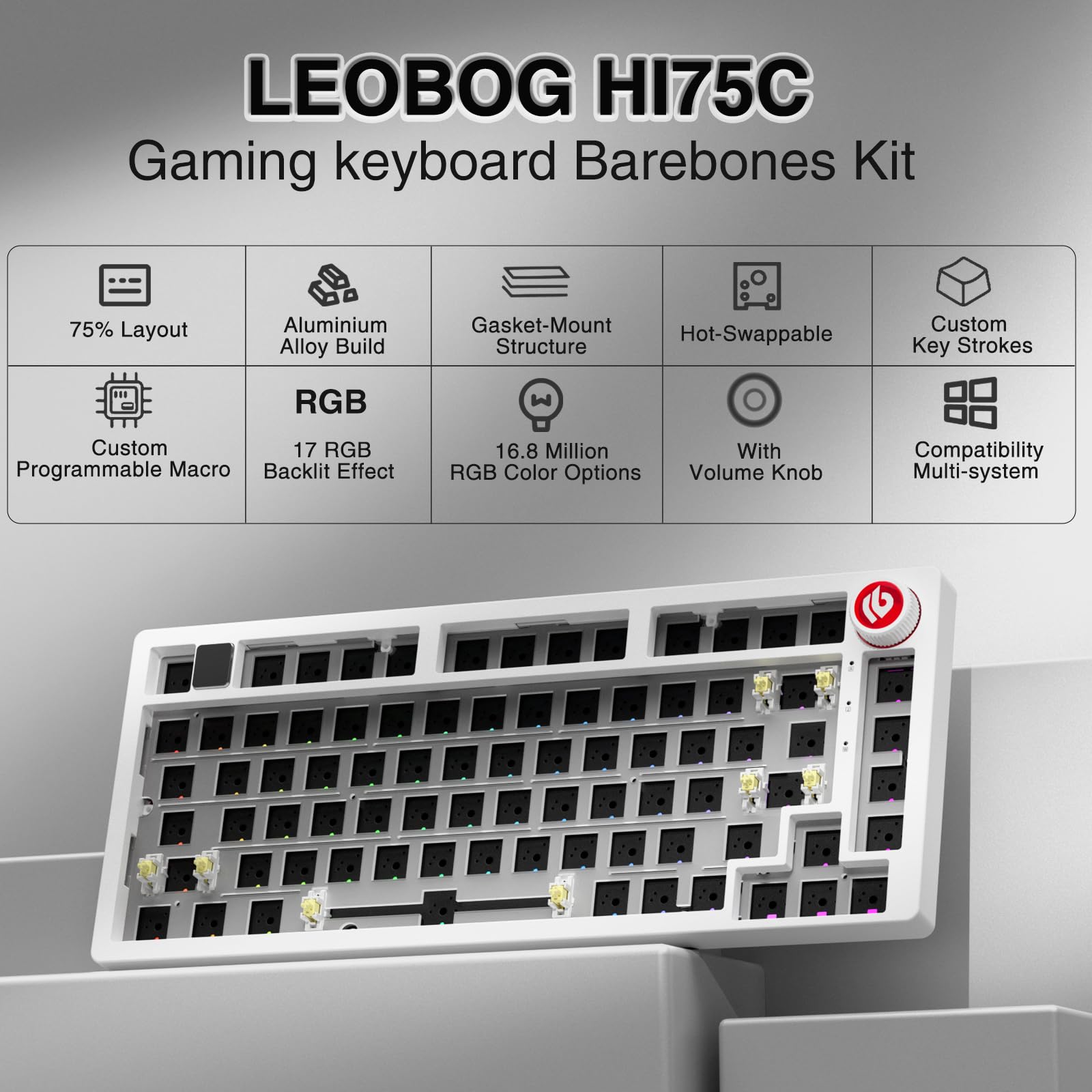 CORBOBO LEOBOG Hi75C - Kit de teclado mecánico con cable mejorado – Montaje de junta de aleación de aluminio 75% base barebones DIY con intercambio en caliente, retroiluminación RGB y perilla de