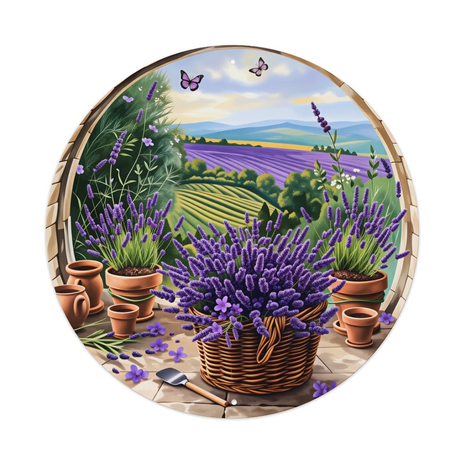 Lavender Fields Basket Garden Butterflies Metal Tin Sign Vintage Garden Bedroom Cafe Bar Man Cave Home Wall Decor Metal Poster 8x8 inches