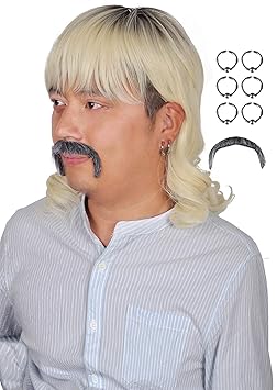 FantaLook Blonde Wig with Mutsache and 3 Pairs of Earrings for Halloween