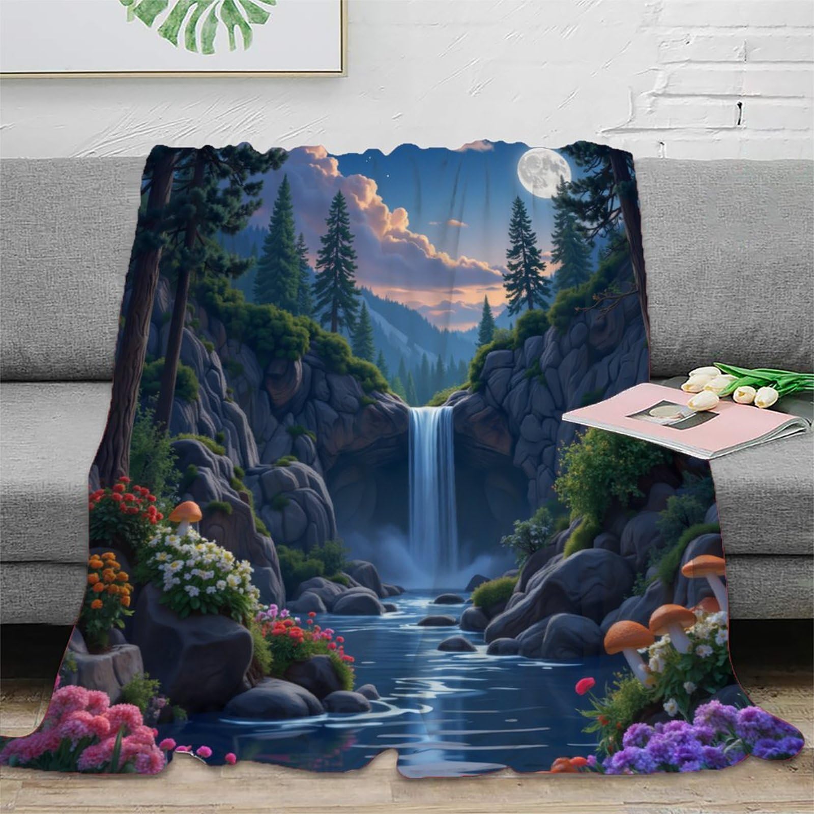 Couverture Polaire Nature 3D Cascade Forêt en Microfibre Chaude 150x200cm pour Étudiant et Locataire