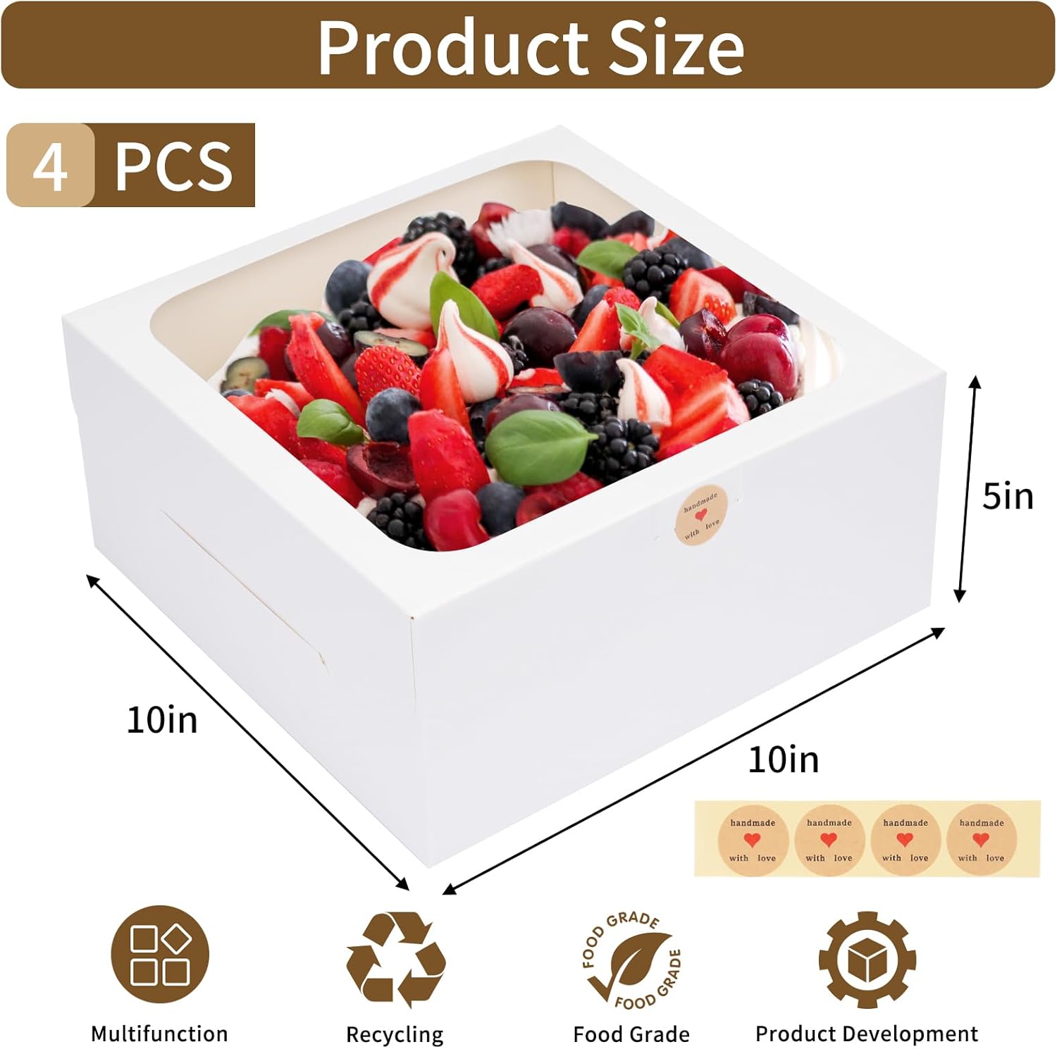 Cake Boxes with Window, 10x10x5 Inches White Bakery Containers,