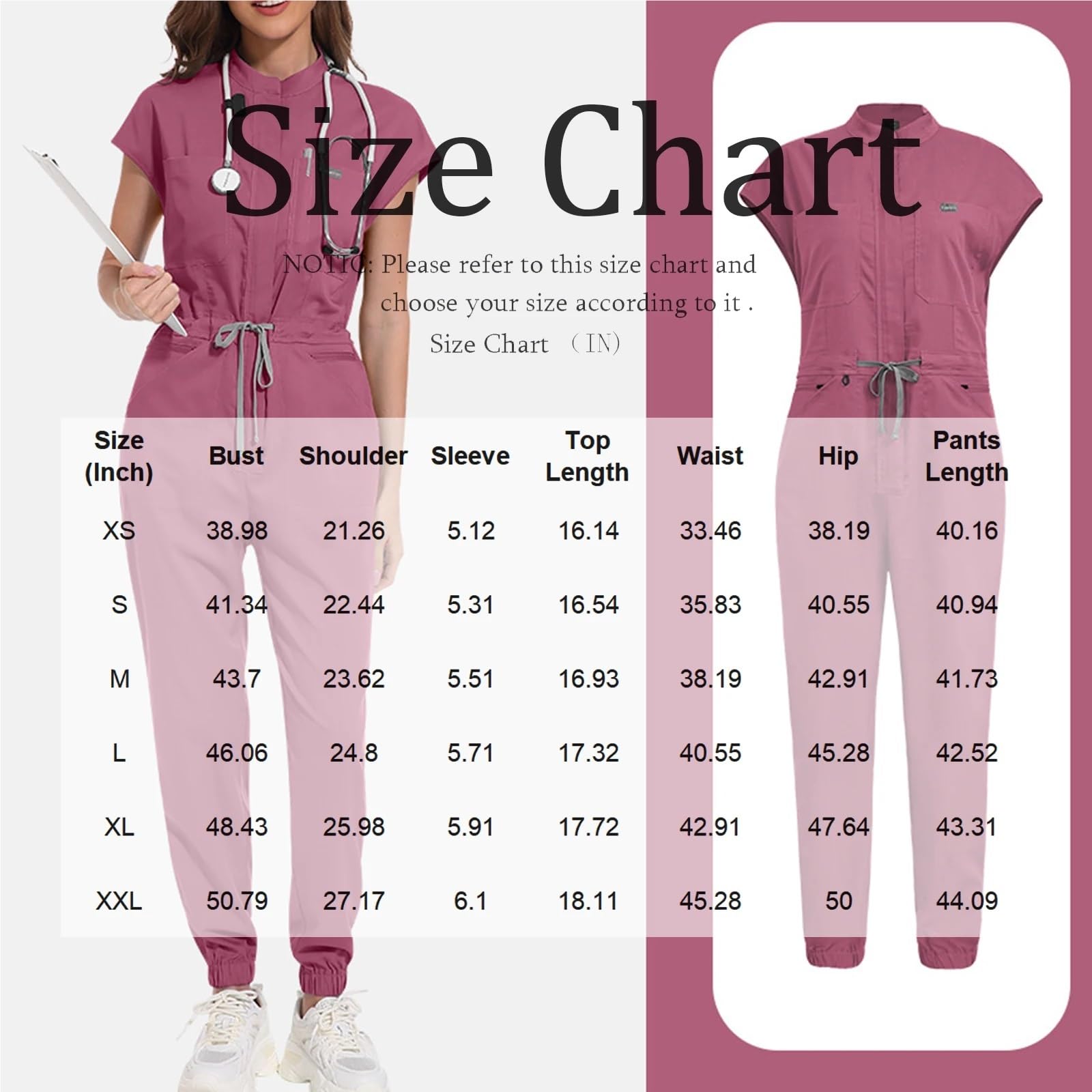 Mono de Enfermera for Mujer, Cuello levantado, sin Mangas, cordón en la Cintura, Uniforme médico con múltiples Bolsillos, Ropa Trabajo for el Cuidado Salud