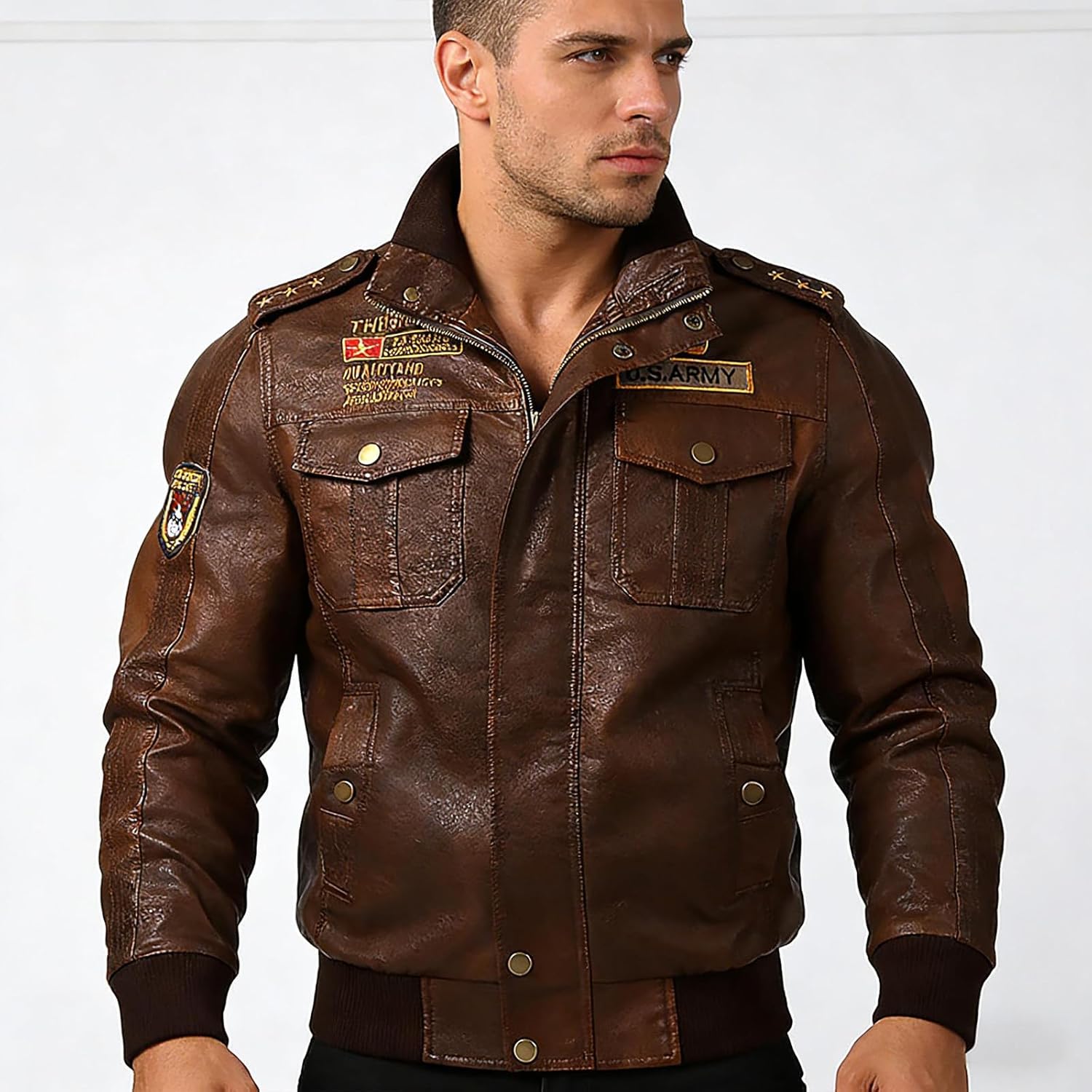 LOMENG Casual Stand Collar PU Faux Leather Jacket Motorcycle Bomber Jacket Slim Fit Biker Coat for Men