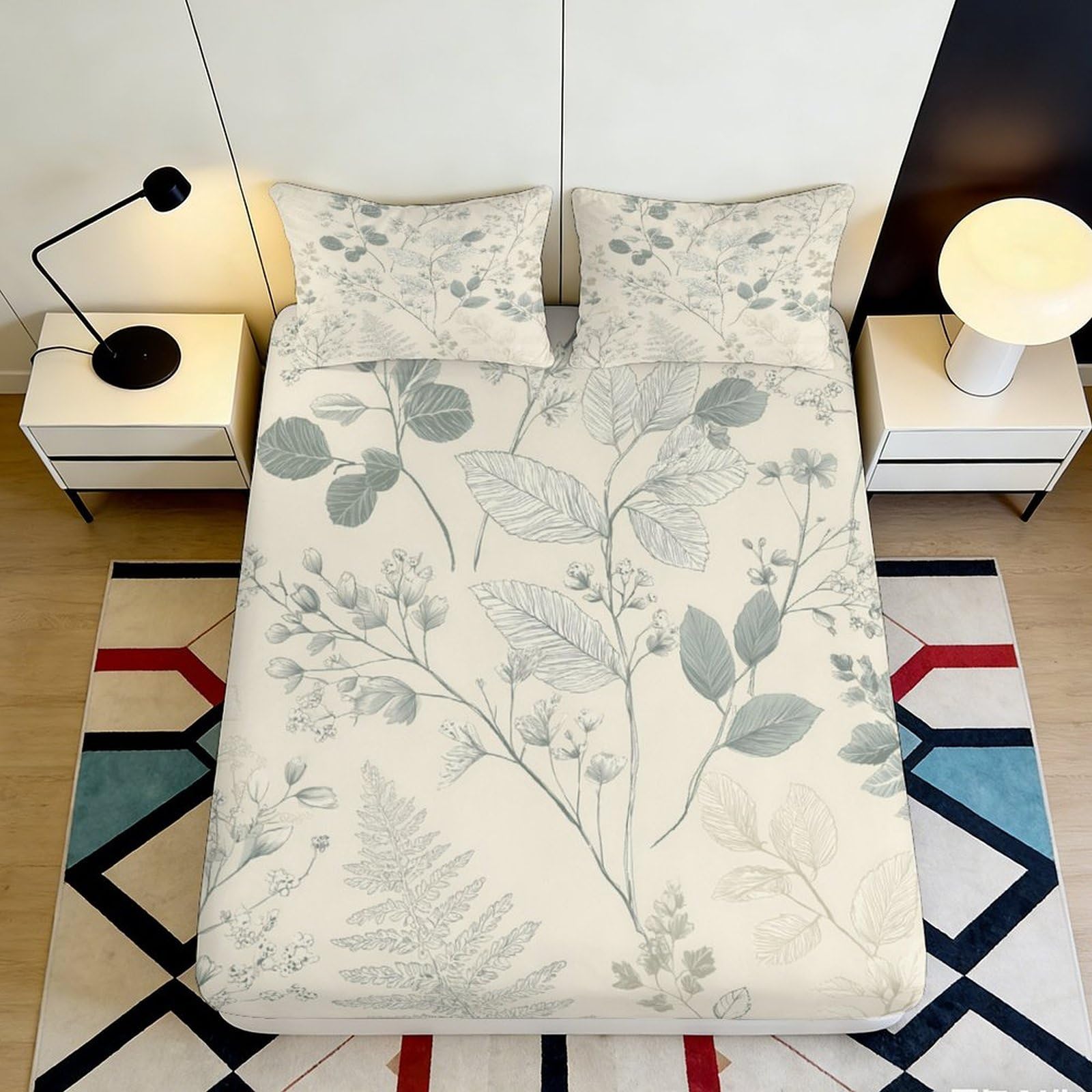 3D Printed Botanical Fitted Sheet Microfiber Soft Breathable Floral Bed Cover for Bedroom Dormitory Guest Room Mattress Protection Decor 120x200x25cm