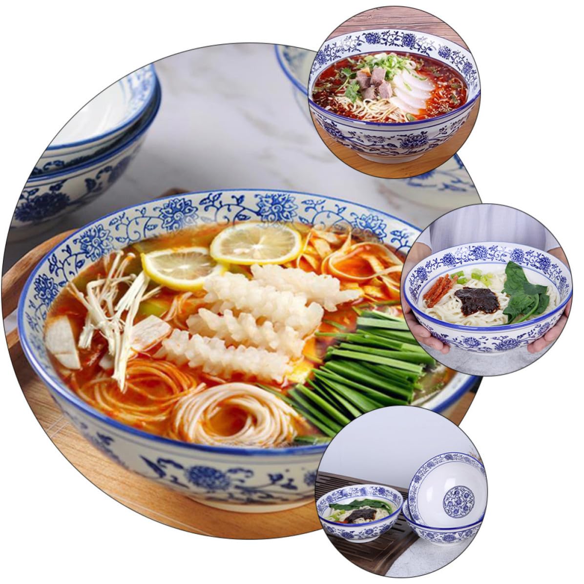 GALPADA 2 Stück Vintage Ramen Schüssel aus Blauer Keramik Große Retro Suppenschüssel für Nudeln und Salat Stilvolle Keramik Nudelschale für Zuhause
