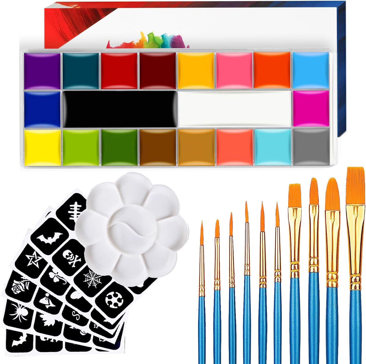Face Paint,20 Colors Face Paint - Face Painting Kit,Oily Based Face Painting Kit for Kids Party with 10 Brushes 5 Sticker Stencils and Paint Tray, Body Paint for Kids and Adults Halloween Makeup