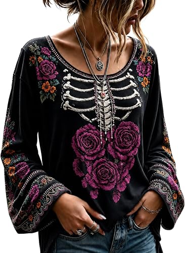 Gothic Shirts for Women Long Bell Sleeve Floral Print Tees Halloween Party