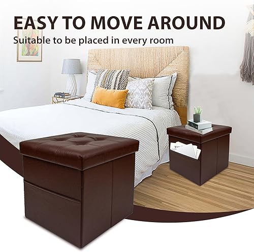 Miniatura 5 de xuperbonus Otomana cuadrada de almacenamiento plegable de 15 pulgadas con bolsillo lateral, cubo de cuero marrón, reposapiés, asiento para
