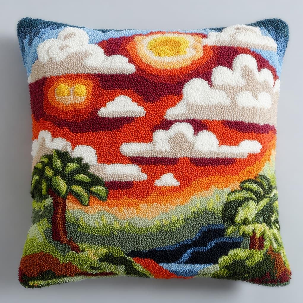 Wallustrioaw Latch Hook Kits Pillow For Adults,Natural Forest Landscape,Latch Hook Kit Cushion,Embroidery Diy Needlework Pillow Cover,17X17in