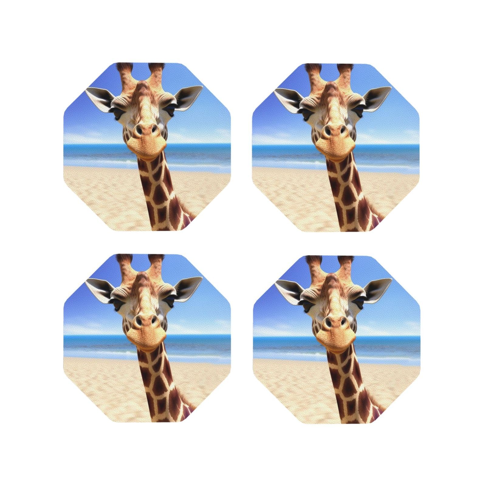 4Pcs PU Leather Coaster for Drinks, Beach Giraffe Cup Coastersr 4" Cup Mat Pad, Aesthetic Drink Coasters for Coffee Table, Octagon Coaster for Tabletop Protection