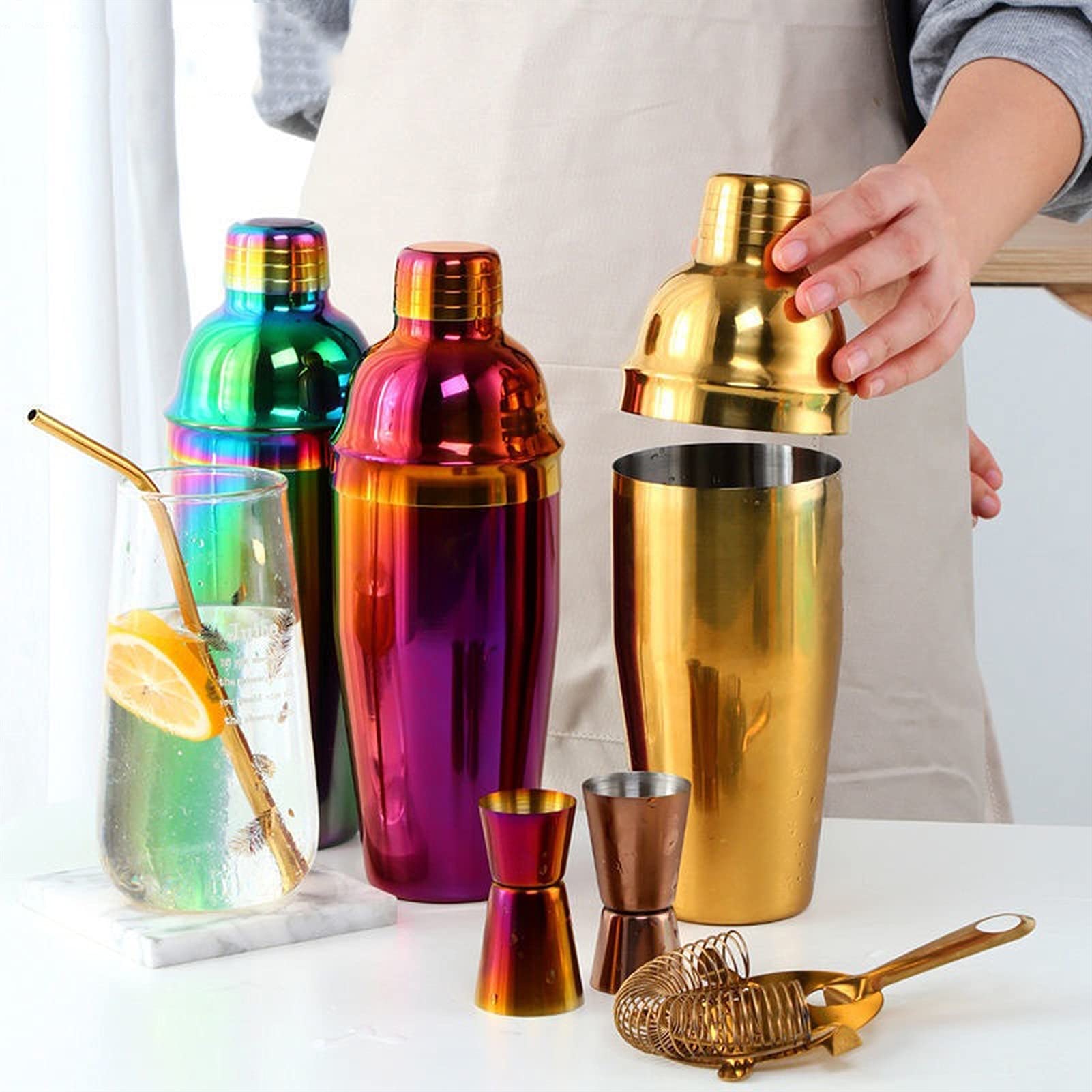 Juego de Coctelera Cóctel Shaker 750ml Kit de herramientas de acero inoxidable de acero inoxidable colorido Boston Cocktail Set Shaker Wine Verleders con colador Mida CUP BARTENDER Agitador de Cóctele