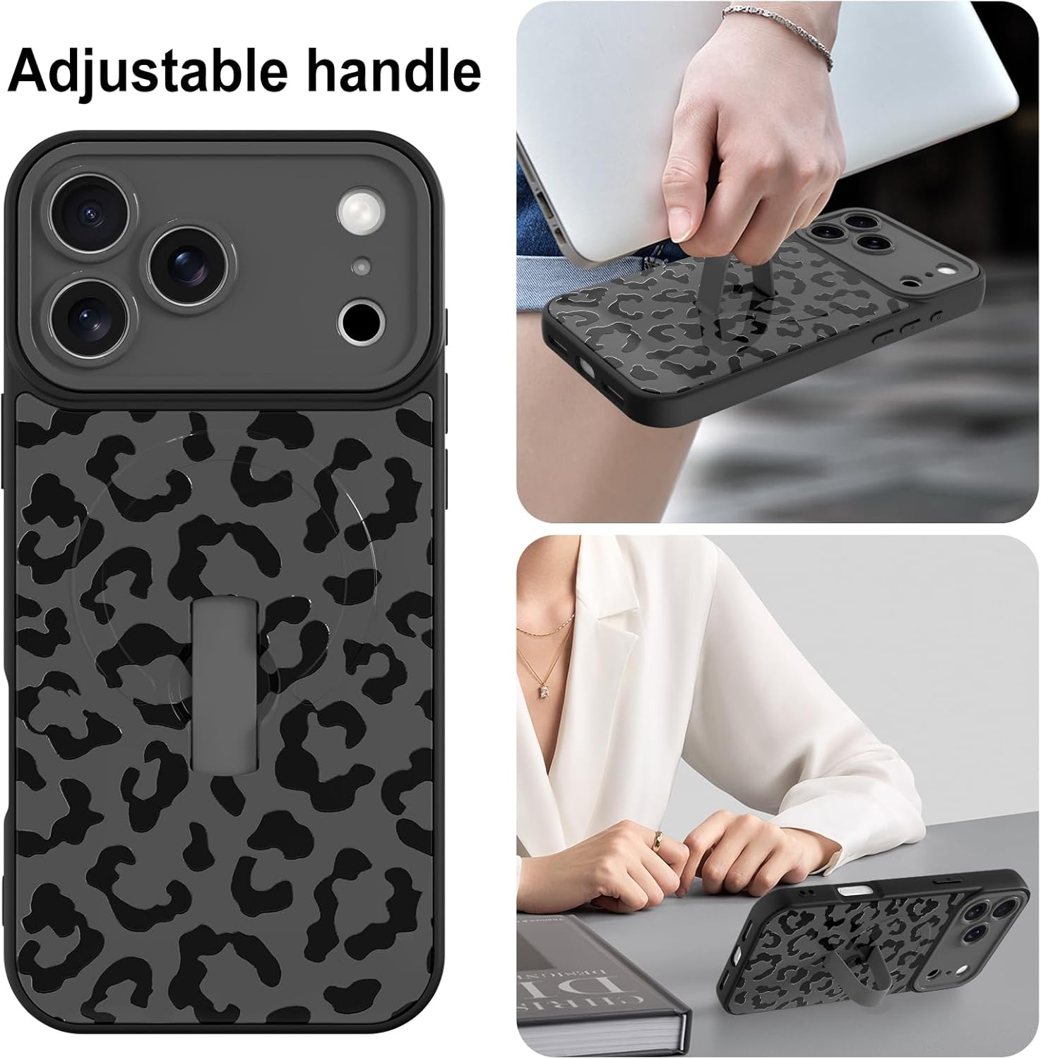 MOWIME Magnetic for iPhone 17 Pro Max Case with Finger Strap, Compatible with Magsafe, Cheetah Print Pattern for Women Girls, Slim Shockproof Soft TPU Case for iPhone 17 Pro Max 6.9 Inch, Black