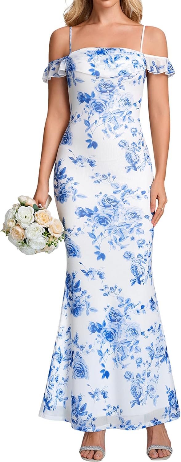Summer Floral Bodycon Long Formal Wedding Guest Dresses for Women Elegant Off The Shoulder Ruched Cocktail Party Maxi Dress