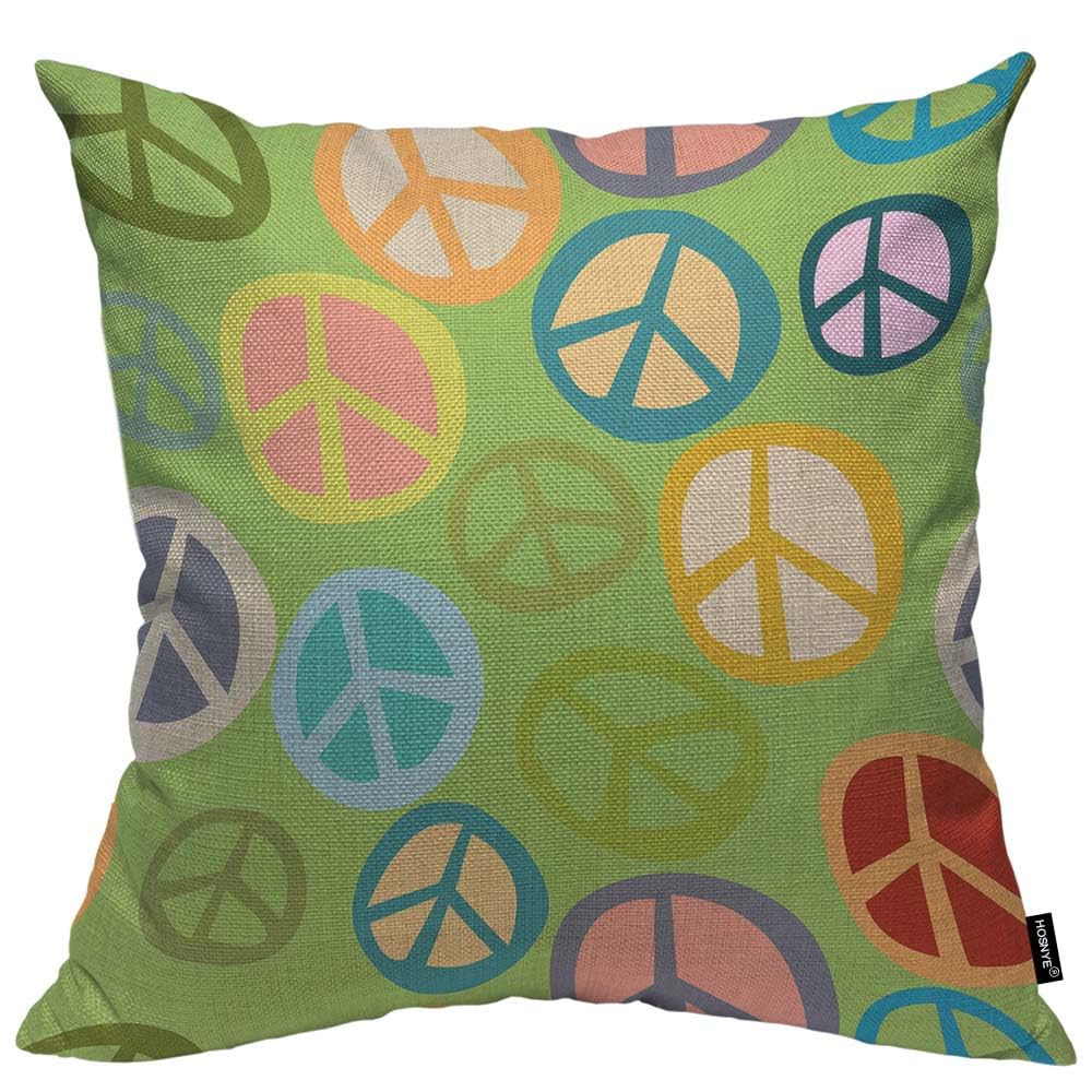 HOSNYE Peace Symbol Throw Pillow Cushion CoversColorful Hippy Peace Sign Green Background Decorative Square Accent Pillow Case 16 x16 inch
