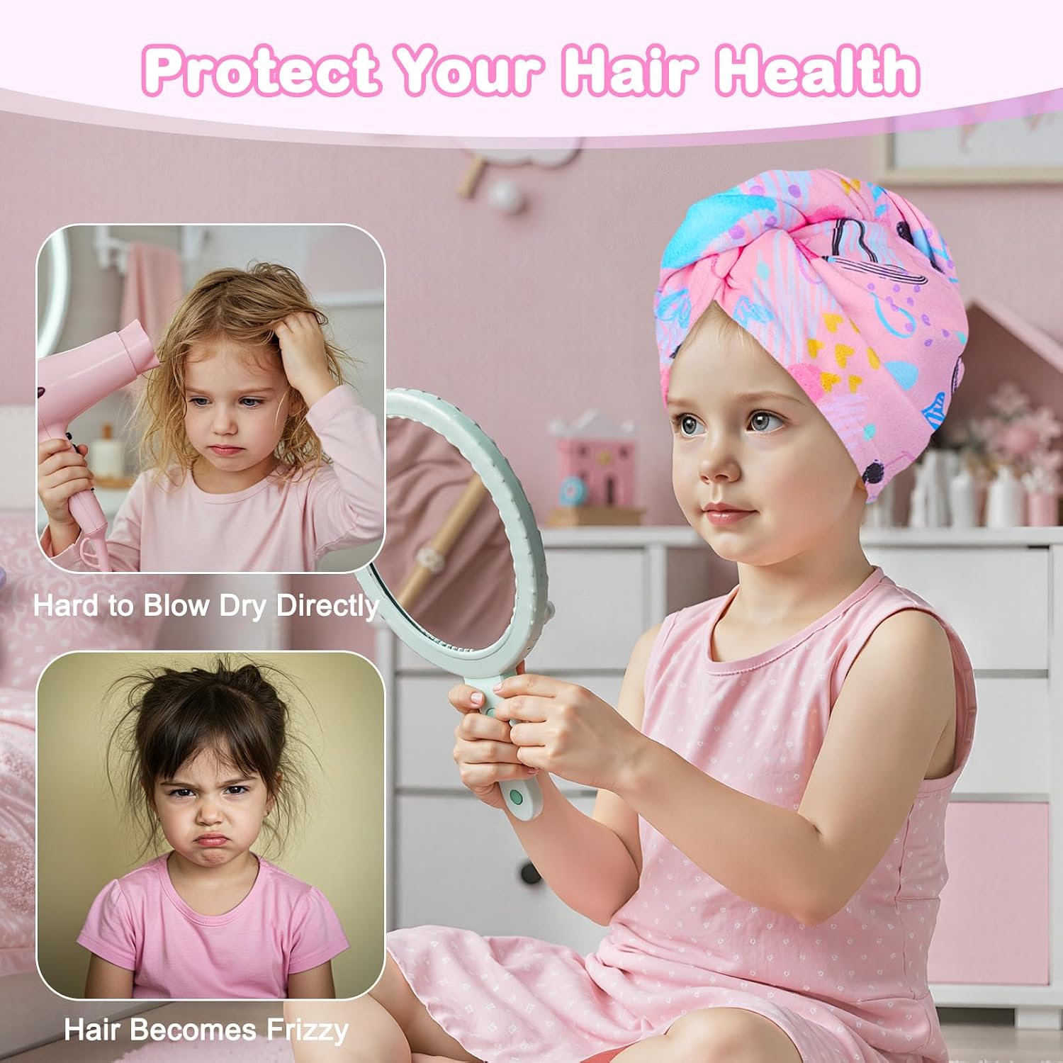 FIOBEE Microfiber Hair Towel Wrap for Kid Rapid Drying Towel Absorbent Hair Turbans for Wet Hair with Button Women Girls Long Curly Hair Pack of 2, Love