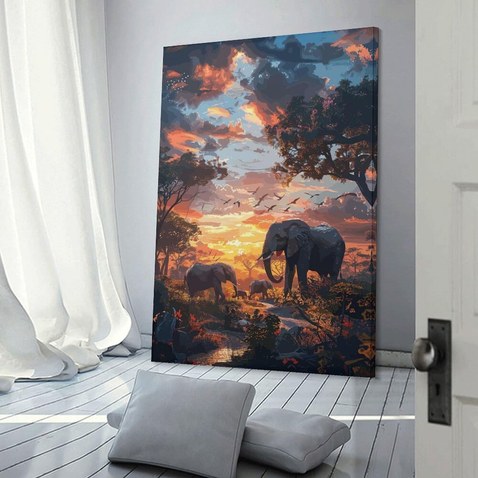 Junmoney Elephants Nature SynthWave Wall Art Print, 20x30inch(50x75cm), for Lounge Decor, Bedroom Walls Or Flats, Decorative Artwork for Empty Walls