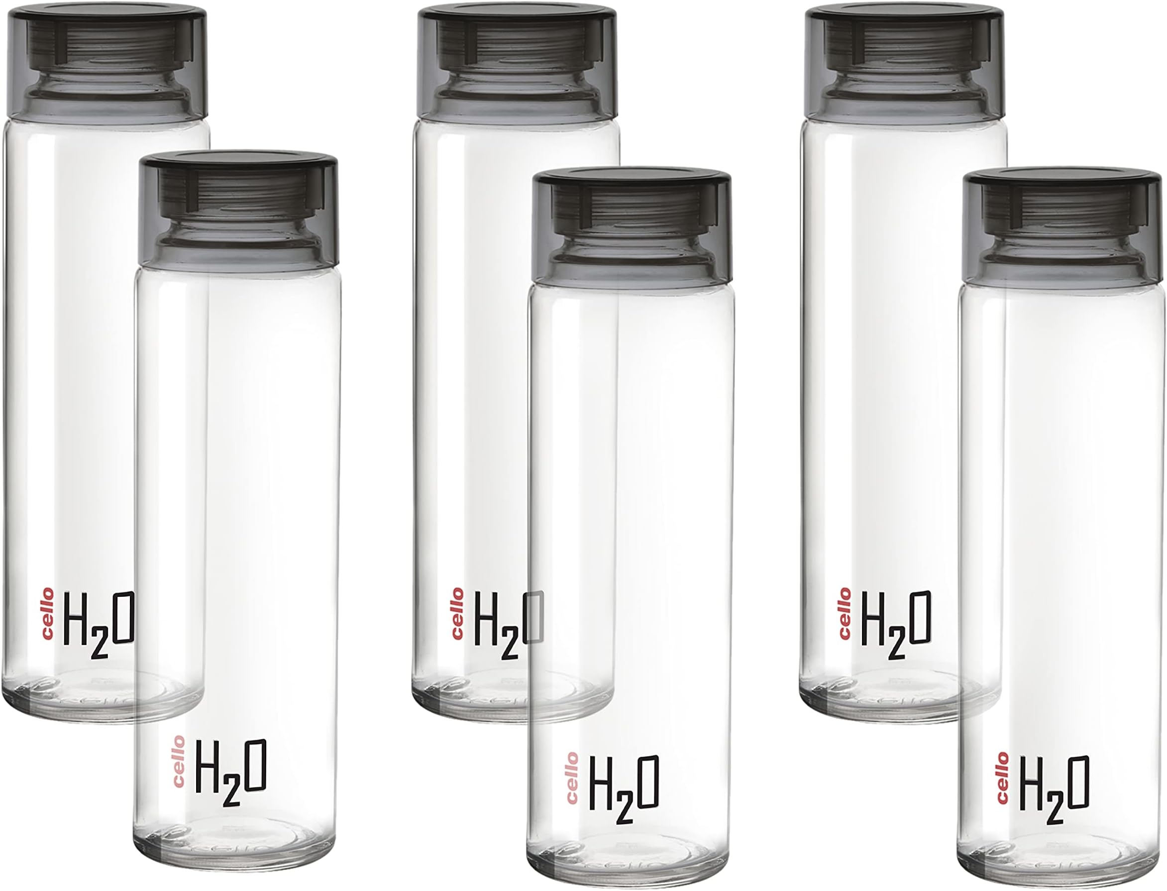 CELLO H2O Glass Fridge Water Bottle with Plastic Cap Set of 6, 920ml, Black | Leakproof & Durable | Wide Mouth, Easy To Clean | Multi Set Glass Water Bottle for Kitchen, Home, Office, Gym, Travel