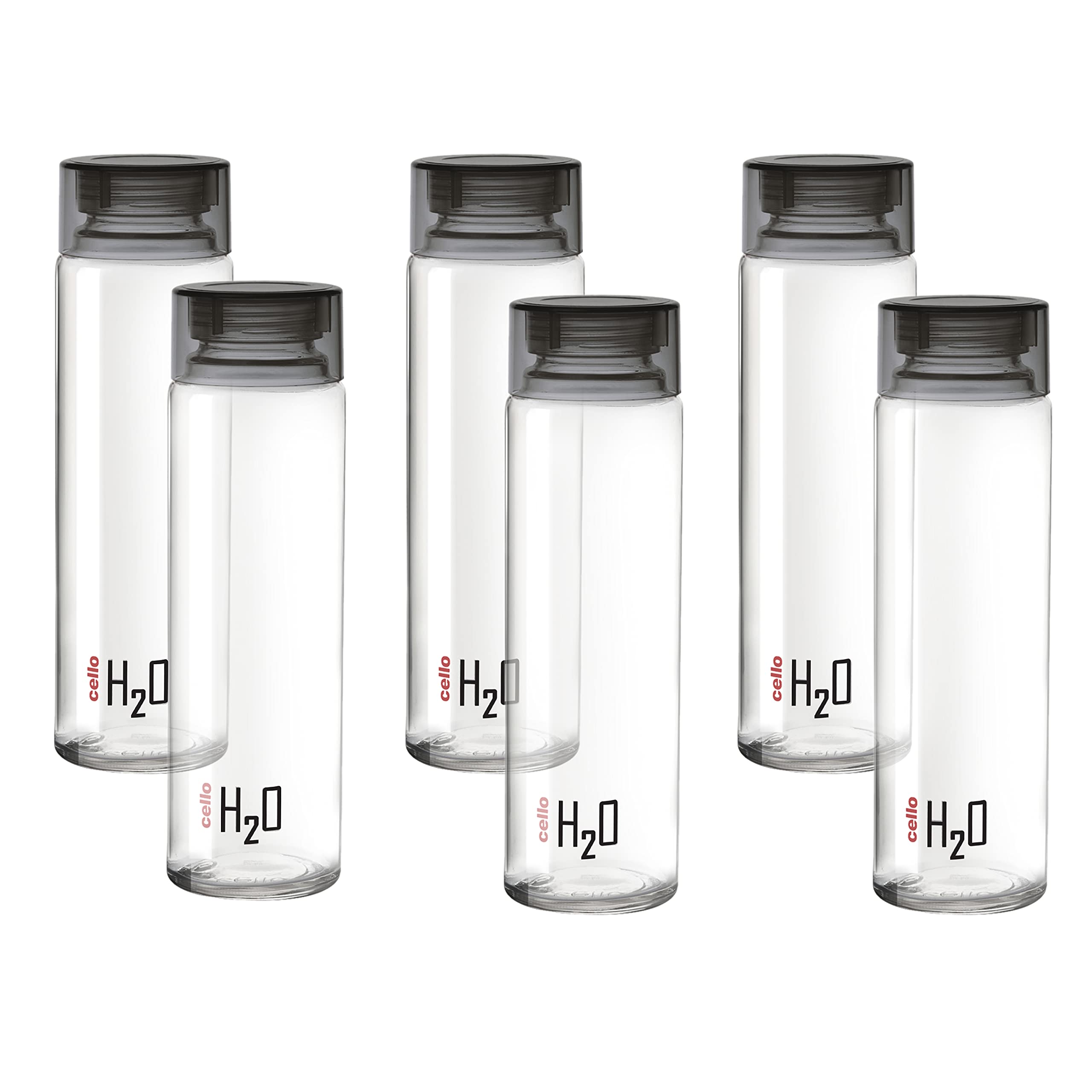 CELLO H2O Glass Fridge Water Bottle with Plastic Cap Set of 6, 920ml, Black | Leakproof & Durable | Wide Mouth, Easy To Clean | Multi Set Glass Water Bottle for Kitchen, Home, Office, Gym, Travel