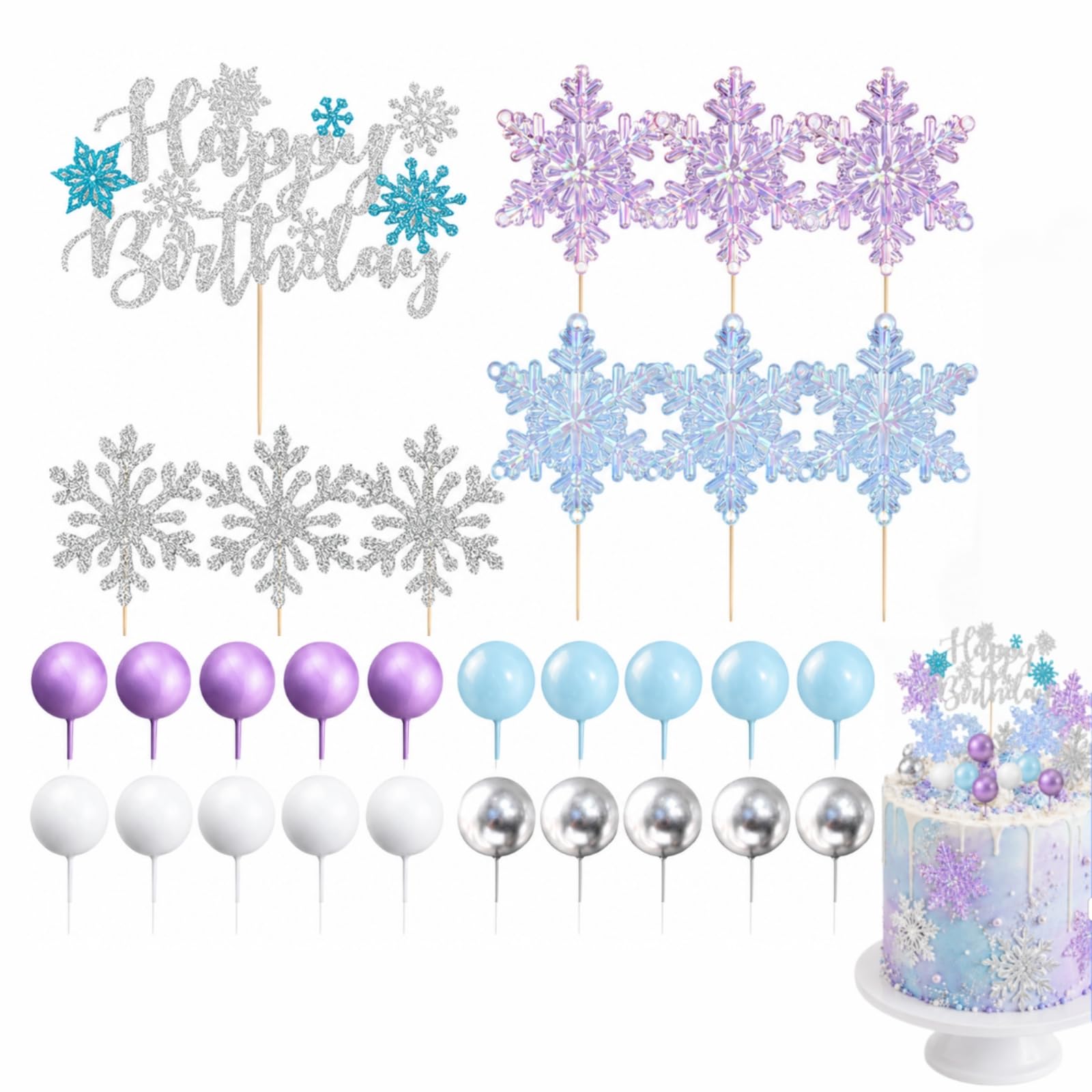 30 Pcs Frozen Cake Toppers Set, Elsa Princess Snowflake Cake Decorations