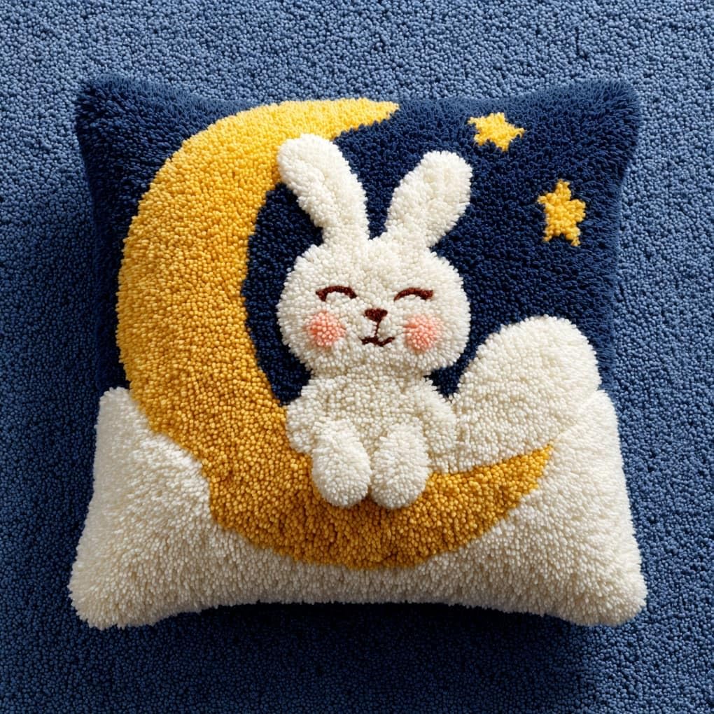 Henypt Latch Hook Cushion Kits for Adults 43x43cm,Rabbit on the Moon Creative Latch Hook Pillow Case Kit for Christmas Home Sofa Decoration