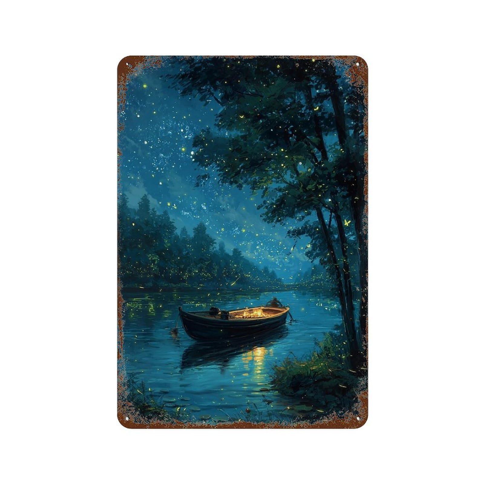 Firefly River Boat Night Scene -1 Vintage Rust Metal Sign 11.8"x7.9", Shabby Chic Decor for Living Room, Hallway And Home Decor