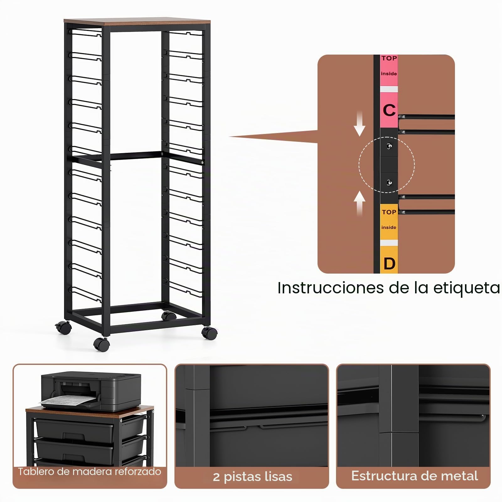 SYKIARIOL Carrito de 12 cajones con Ruedas y encimera de Madera, Negro | Carrito multiuso para bricolaje, carrito con encimera imitación madera para baño, cocina, salón y dormitorio