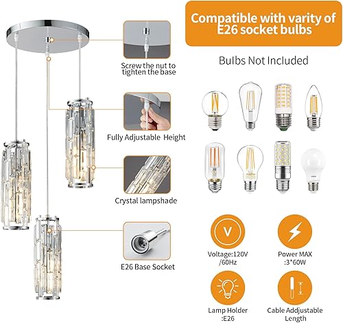 Miniatura 2 de LMQNINE - 3 luces para iluminación colgante de cromo, lámpara colgante moderna, mini candelabros de cristal, lámpara colgante ajustable para cocina,