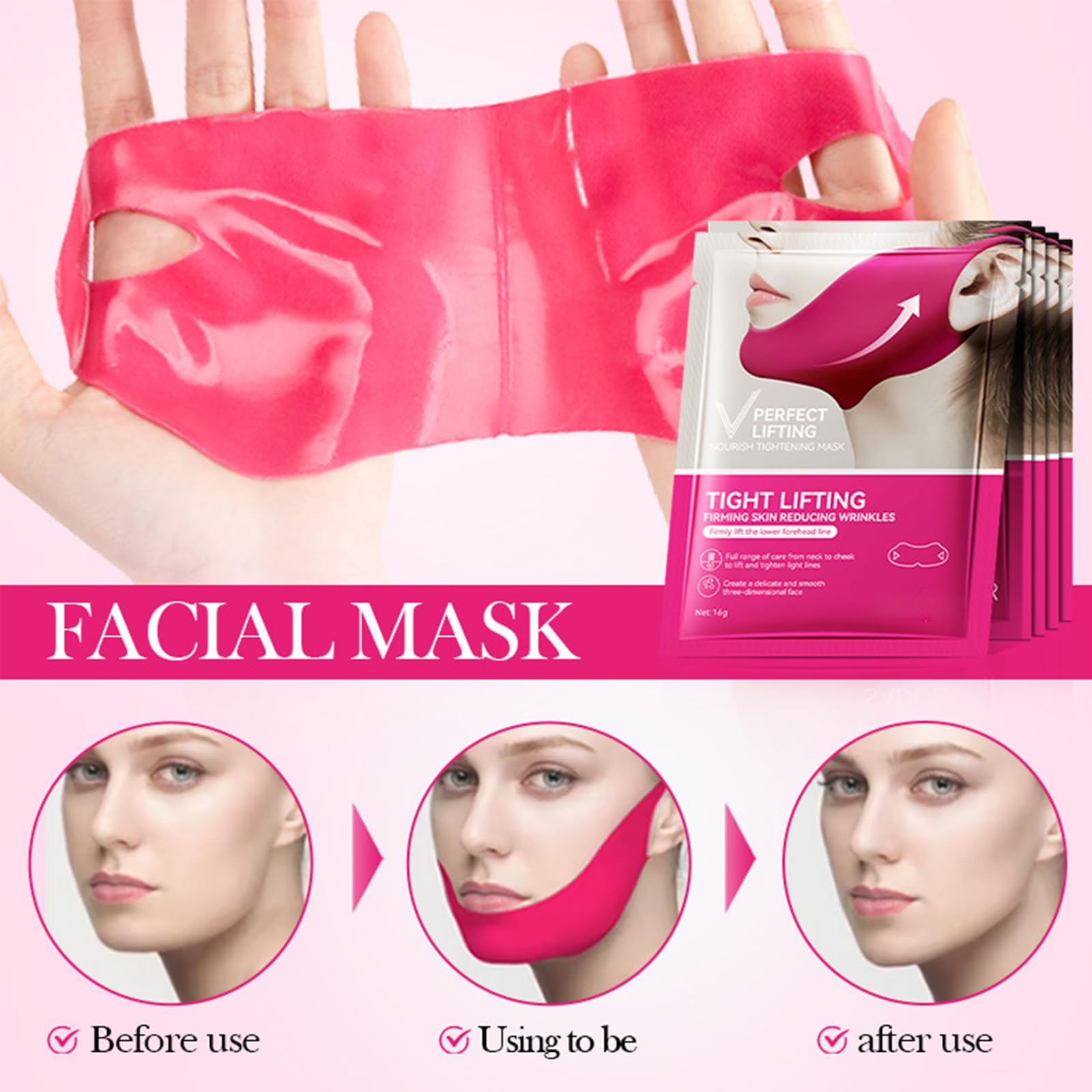 Collagen Face Masks Face Lift Tape V-Line Collagen Face Mask for Lifting Double Chin & Defining Jawline Firming & Tightening Skin- 3pcs - Image 3