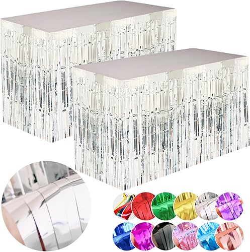 Juego de 2 faldas de mesa con flecos de papel de aluminio plateado amplio, guirnalda de banderines metálicos de oropel decoraciones de fiesta para